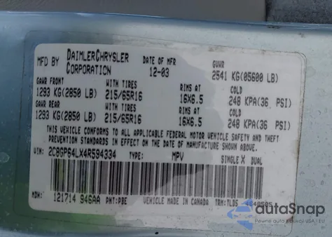 2004 Chrysler Town & Country Limited from USA, damaged, VIN 2C8GP64LX4R594334